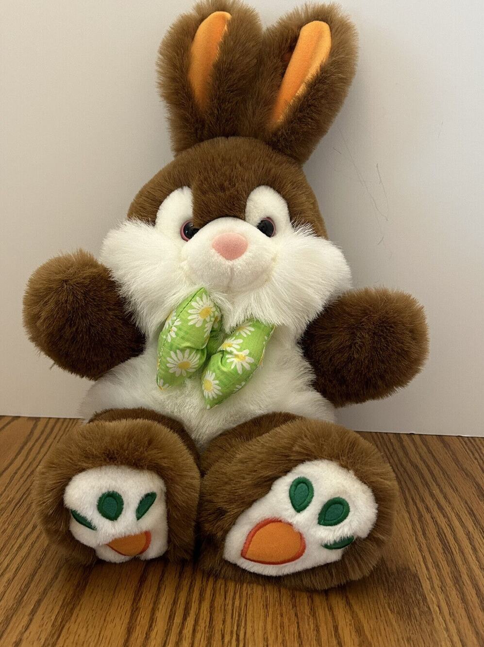 Kids of America Bunny Plush Rabbit Stuffed Toy Brown Carrot Paws Green Bow 14”